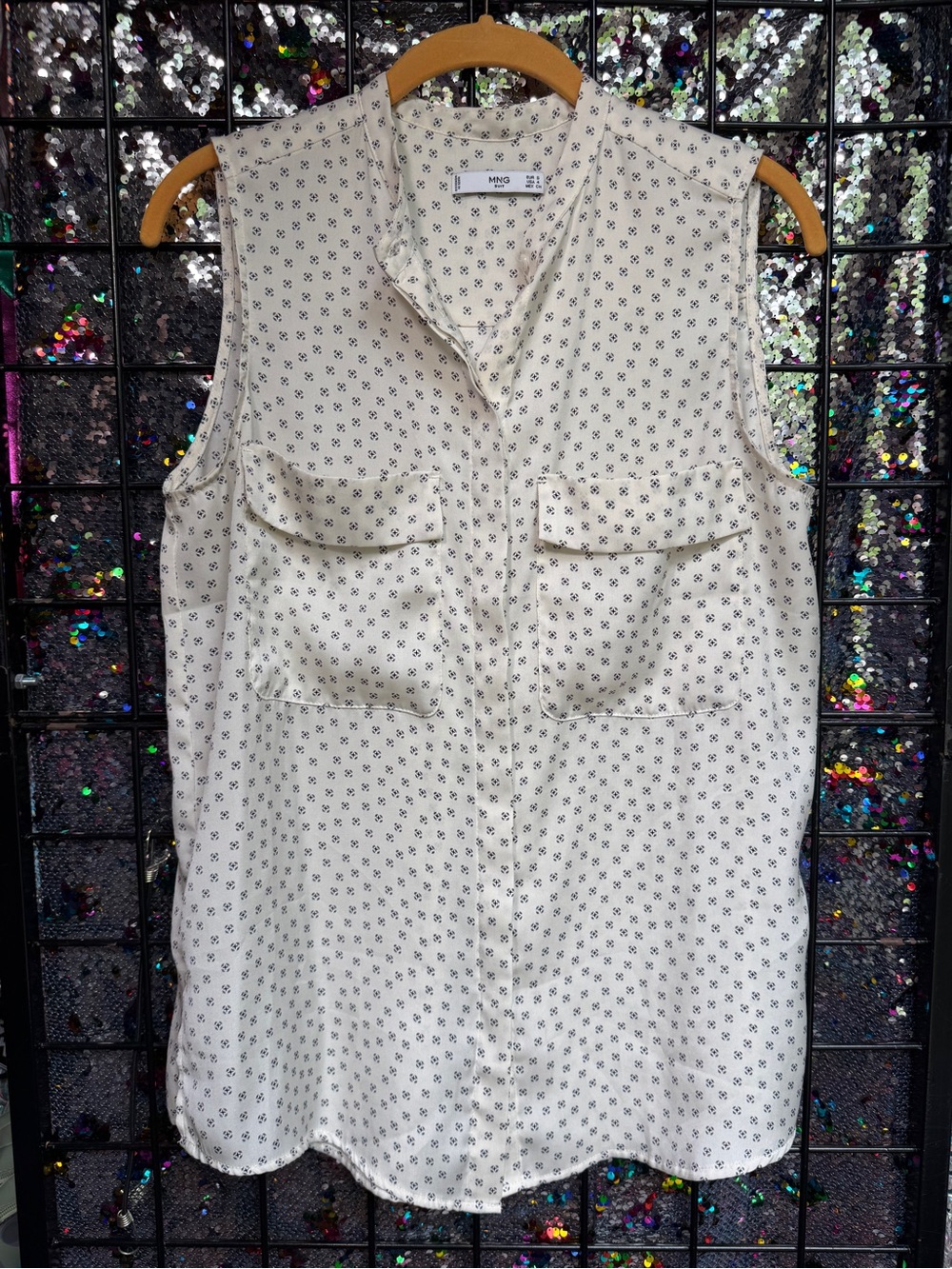 MNG suit Cream Sleeveless Utility Blouse with Micro Print